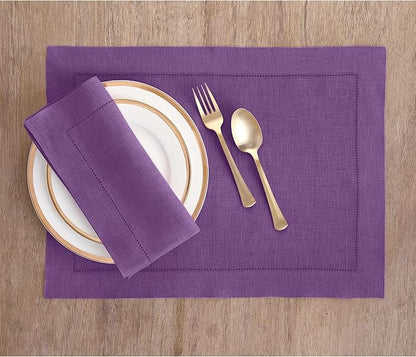 Solino Home Purple Linen Napkins Set of 6-100% Pure Linen Hemstitch Dinner Napkins 20 x 20 Inch for Valentines, New Year - Classic Hemstitch