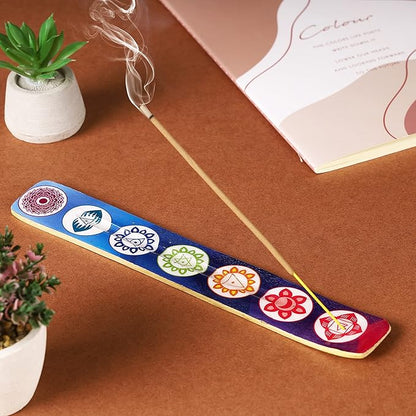 Bless-International Traditional-Handmade-Burner Wooden-Incense-Stick-Holder Ash-Catcher-Stand for-Aromatherapy-Meditation-Yoga (Seven Chakkra) 10 Inches, Pack of 1