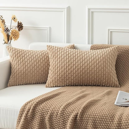 Kevin Textile Pack of 2 Corduroy Decorative Throw Pillow Covers 12x20 Inch Soft Boho Striped Pillow Covers Modern Farmhouse Home Decor for Autumn Sofa Living Room Couch Bed Tan