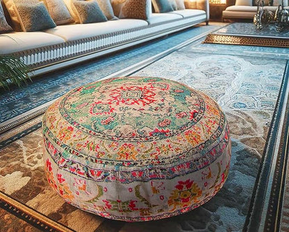 Mandala Life ART Large Floor Pillow Cover Yellow Round Pouf Ottoman Indian Floor Cushion Boho Chic Perfect Vintage Cushion for Living Room, Bedroom, Nursary or Children Room Cotton 24x8 Unstuffed
