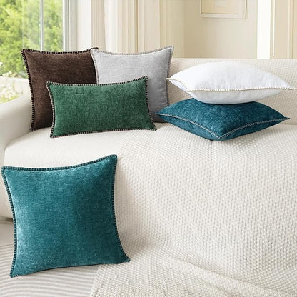 CaliTime Throw Pillow Covers Decorative 18 X 18 Inches Pack of 2 Cotton Thread Stitching Edges Solid Dyed Soft Chenille Cushion Cases for Couch Sofa Bed Living Room Farmhouse Teal