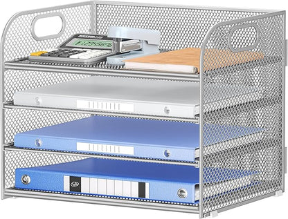 Lavatino 4-Tier Paper Organizer Trays - Silver Mesh File Folder Sorter with Handles, Desk Letter Holder Organizer for Office, Home, School Supplies Storage & Organization