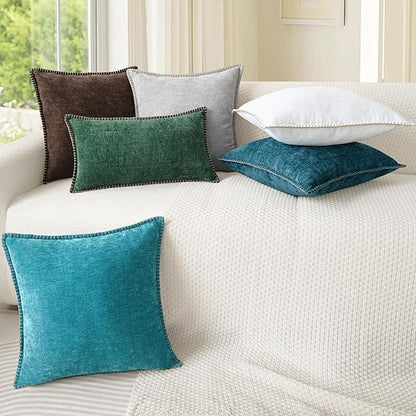 CaliTime Throw Pillow Covers Decorative 24 X 24 Inches Pack of 2 Cotton Thread Stitching Edges Solid Dyed Soft Chenille Cushion Cases for Couch Sofa Bed Living Room Farmhouse Lake Blue