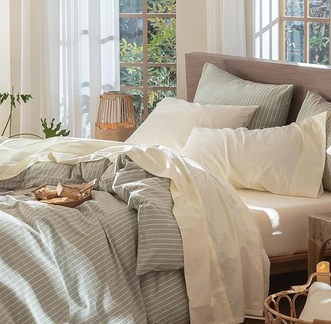 MooMee Bedding Sheet Set 100% Washed Cotton Linen Like Textured Breathable Durable Soft Comfy (Solid Cream White, Split King)