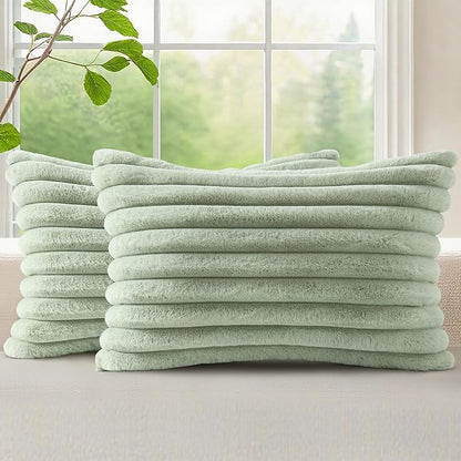 decorUhome Faux Fur Spring Throw Pillow Covers 12x20 Set of 2, Decorative Soft Plush Striped Lumbar Neutral Couch Pillow Covers with Velvet Back for Sofa, Bed, Living Room Home, Sage Green