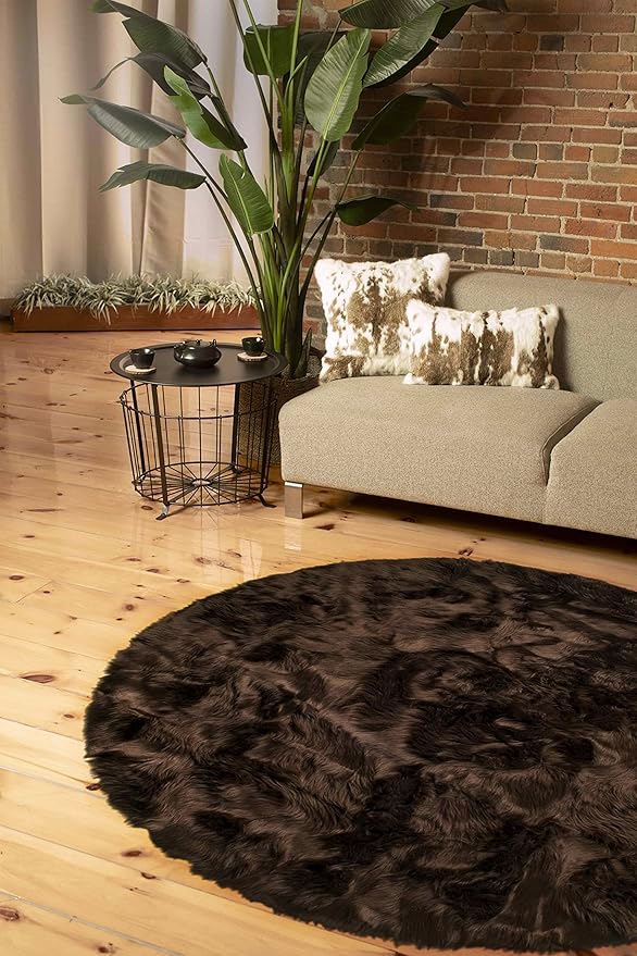 Luxe Gordon Faux Fur Rug with Soft and Fluffy Pile | Machine Washable Living Room Rug with Anti-Slip Backing | Cruelty-Free Area Rugs for Office or Bedroom, Chocolate, 6 ft Dia.