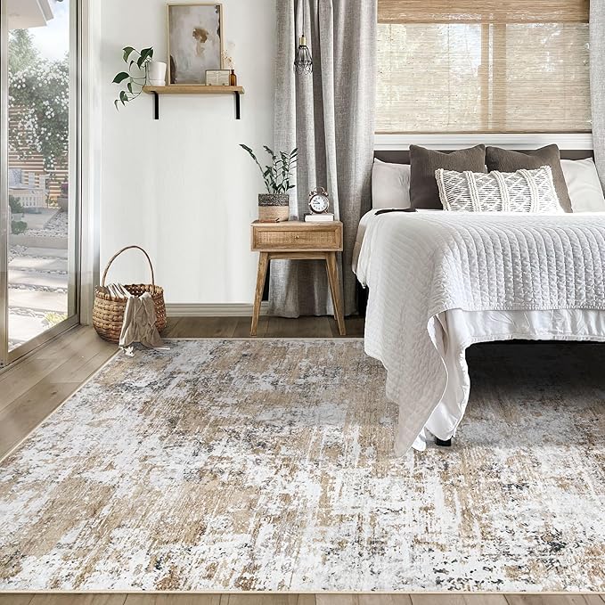 5x7 Area Rugs for Living Room, Washable Modern Abstract Large Area Rug Neutral Soft Non Slip Kids Rug Stain Resistant Indoor Carpet for Bedroom Nursery Dining Room Home Office(Beige, 5'x7')