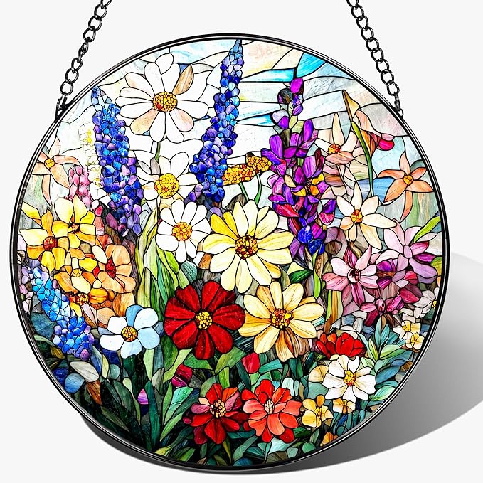 Stained Glass Window Hanging, 8 Inch Wildflower Stained Glass Suncatcher, Suncatchers for Windows Hanging, Wildflower Window Decor, Florist Gift, Flower Lover Gifts, Gifts for Mom, Grandma