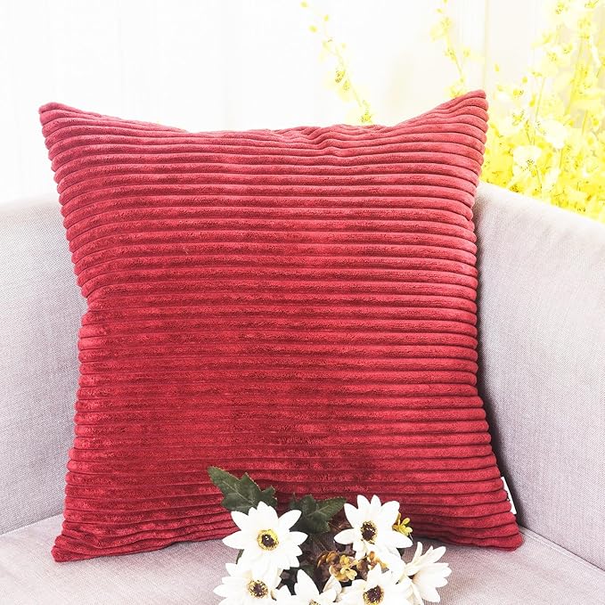 Home Brilliant Pillow Covers 18x18 Decorative Throw Pillows for Couch Dark Red Soft Plush Corduroy Striped Throw Pillow Covers Set of 2 for Sofa Couch Bed Valentine's Decor, 18 x 18 Inch, Burgundy
