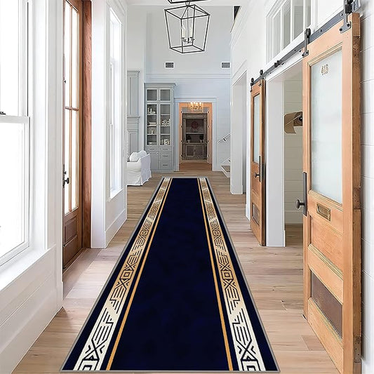 Abstract Navy Blue Runner for Entryway, 2x10ft, Retro Luxury Gold Geometric Border Living Room Rug, Print Fade Resistant Absorbent Dirty Resistant Long Indoor Rugs for Bedside Sofa