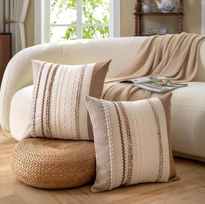 Boho Throw Pillow Covers 20x20 Inch Set of 2, Brown Textured Decorative Couch Pillow Cases for Farmhouse Home Decor, Accent Cushion Cover for Sofa, Bed, Living Room, Bedroom