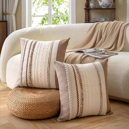 Boho Throw Pillow Covers 20x20 Inch Set of 2, Brown Textured Decorative Couch Pillow Cases for Farmhouse Home Decor, Accent Cushion Cover for Sofa, Bed, Living Room, Bedroom