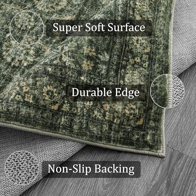 Morebes Vintage Throw Rugs, 3x5 Washable Rug Non Slip, Soft Area Rug for Bedroom, Distressed Non-Shedding Floral Rug for Entryway Bathroom Kitchen Foyer Bedside Playroom Christmas Decor,Dark Green
