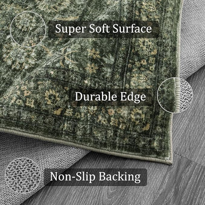 Morebes Washable Green Area Rugs 4x6, Vintage Boho Rugs for Bedroom, Soft Distressed Indoor Floor Non-Slip Non-Shedding Living Room Throw Carpet for Kitchen Dining Playroom Entryway Christmas Decor