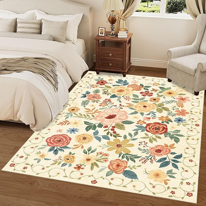 DUKINO 4x6 Area Rug, Lightweight Non Slip Washable Floral Rug, Indoor Low Pile & Non-Shedding Boho Design Rugs for Bedroom, Living Room, Dining Room, Beige Yellow