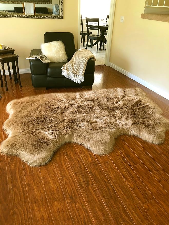 Free Shape Luxury Soft Fluffy Shag Area Rug Triple Side by Side 3'x6', 90x180cm - Vegan Fur Ultra Soft Indoor Carpet Nursery Rugs for Bedroom Home Decor, Camel