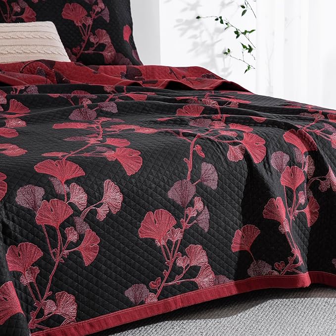 100% Cotton Muslin Jacquard 3 Piece Quilt Set Floral Ginkgo Leaf Print, Soft 3 Layers Gauze Bed Cover Reversible Bedspread Coverlet Breathable Lightweight Bedding Set, King
