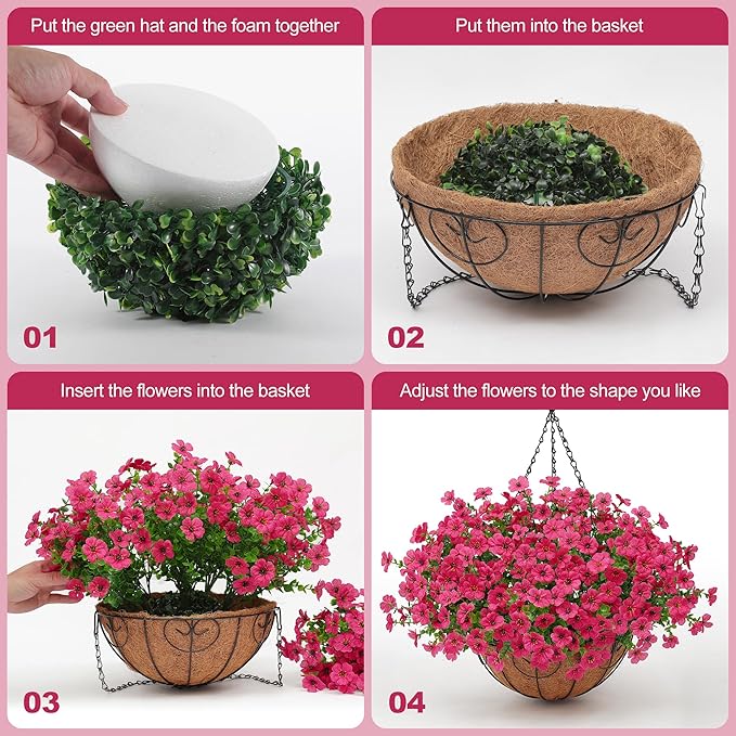 Artificial Fake Hanging Plants Flowers Basket Outdoors Outside Summer Decoration,Hanging Planters with Faux Silk Flowers Realistic UV Resistant for Home Indoor Porch Front Patio Balcony Garden Fuchsia