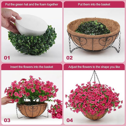 Artificial Fake Hanging Plants Flowers Basket Outdoors Outside Summer Decoration,Hanging Planters with Faux Silk Flowers Realistic UV Resistant for Home Indoor Porch Front Patio Balcony Garden Fuchsia