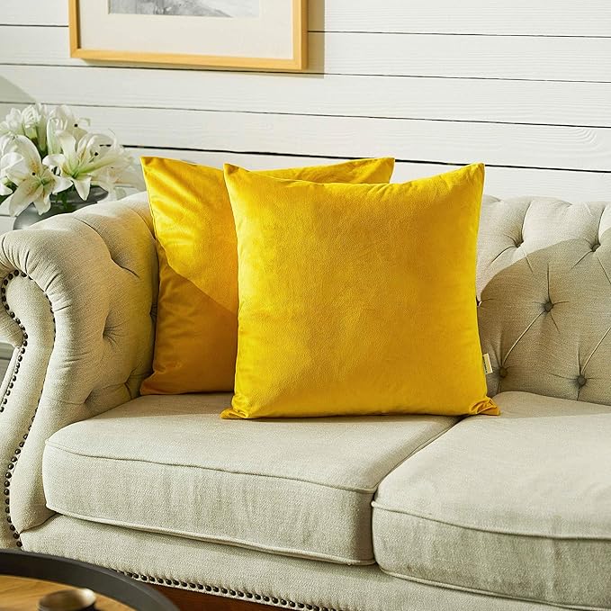 FY FIBER HOUSE Pack of 2 Velvet Throw Pillow Covers Decorative Square Pillowcase Soft Solid Cushion Case for Sofa/Couch Use, 18 x 18 Inch Yellow