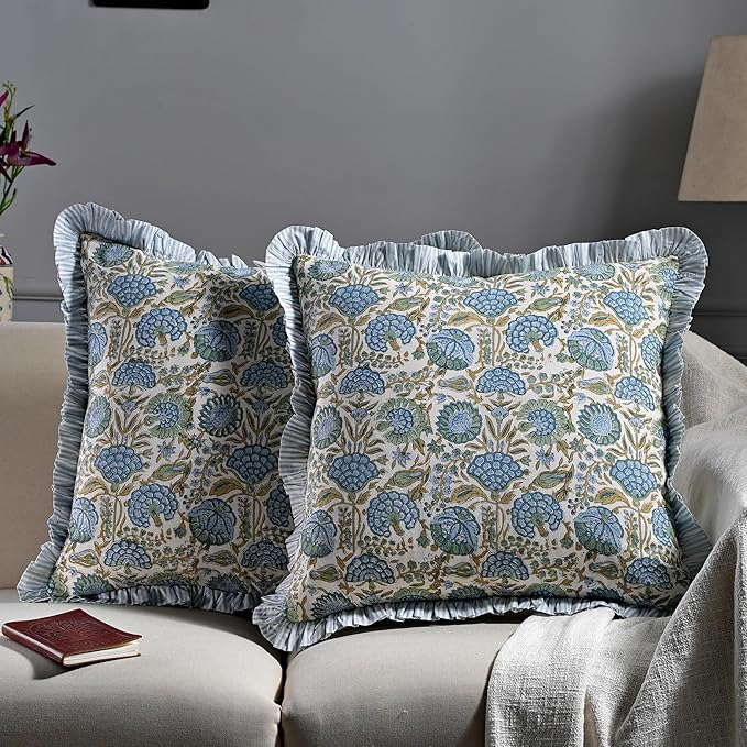 Ridhi Modern Farmhouse Pillow Covers Decorative Cotton Throw Pillow Covers Set of 2 Asparagus Green Cushion Covers with Ruffle for Couch Sofa Bed Living Room Spring Home Decor 18x18