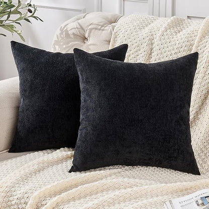 GAWAMAY Decorative Chenille Throw Pillow Covers 26x26 Inch Pack of 2, Soft Square Couch Pillow Cover for Sofa Cushion Living Room Bedroom Solid Dyed Oversized Pillowcases Black 66x66cm (ONLY Covers)