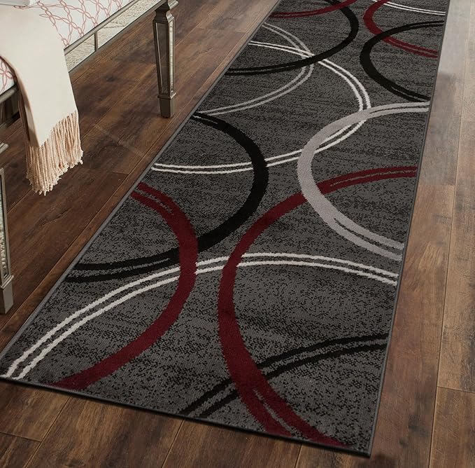 Rugshop Modern Wavy Circles Design Non-Shedding Runner Rug, Carpet for Hallway or Kitchen, Red, 2' x 7'2"