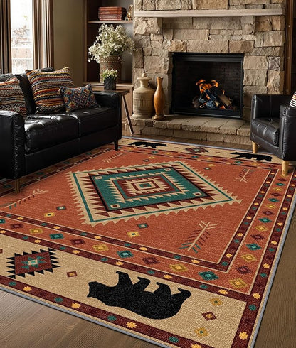 Cabin Rug 8x10 - Bear Southwestern Aztec Area Rugs for Living Room Bedroom, Rustic Western Machine Washable | Non-Slip | Soft Large Carpets, Native American Home Decor (Orange Tan Black)