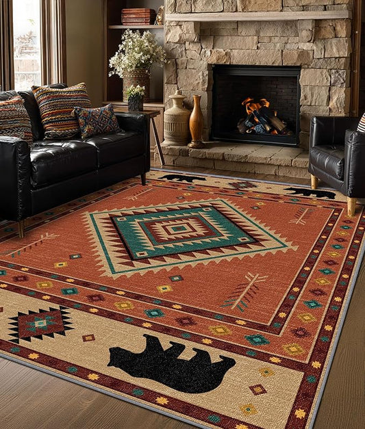 Cabin Rug 4x6 - Bear Southwestern Aztec Area Rugs for Bedroom Living Room, Rustic Ethic Machine Washable | Non-Slip | Low Pile Carpets, Native American Home Decor (Orange Tan Black)