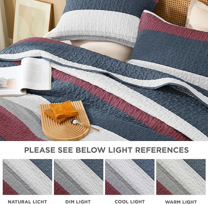 Litanika Quilt King Size Blue and Red, Stripe Patchwork Summer Bedspread Coverlet 3 Pieces, Soft Lightweight Microfiber Quilted Bedding Set for All Season(1 Quilt, 2 Pillowcases)