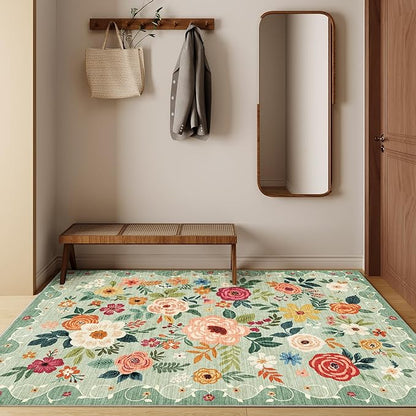 DUKINO 3x5 Area Rug, Floral Rugs for Living Room, Lightweight Non Slip Washable Rug, Indoor Low Pile & Non-Shedding Boho Design Rugs for Bedroom, Living Room, Dining Room, Green