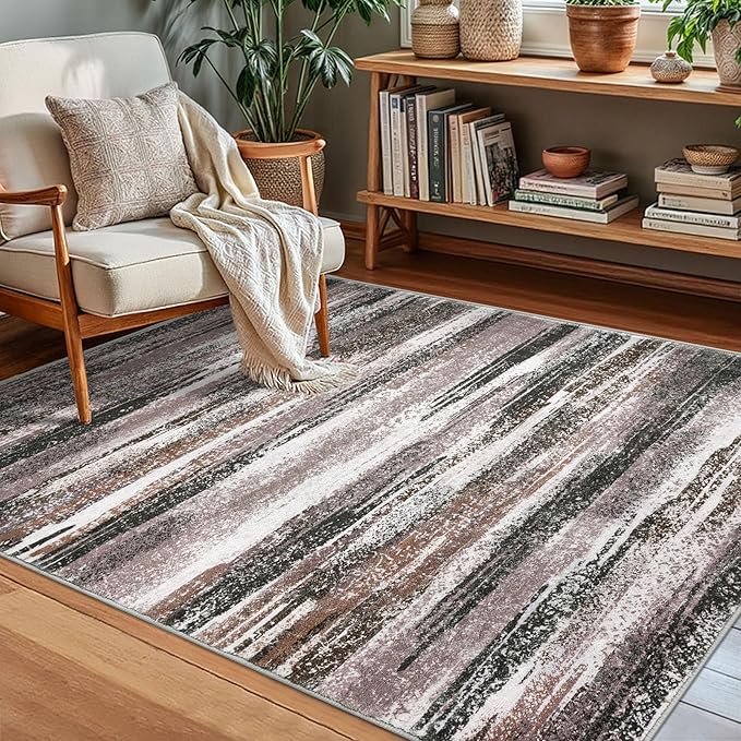 Modern Abstract Small Area Rug Indoor, Dark Light Brown White 3x5 Washable Rug Non-Slip Soft Entryway Rug Kitchen Mats Thin Print Faux Wool Floor Carpet Throw Rugs for Entrance Bedroom