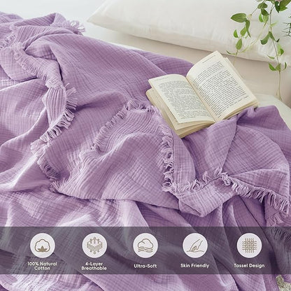 MooMee Muslin Blanket - 100% Cotton 4-Layer Gauze Throw Blanket with All-Around Fringe Ultra-Soft Breathable Lightweight Cooling for Bed Couch (Light Purple,Twin XL 66" x 90")
