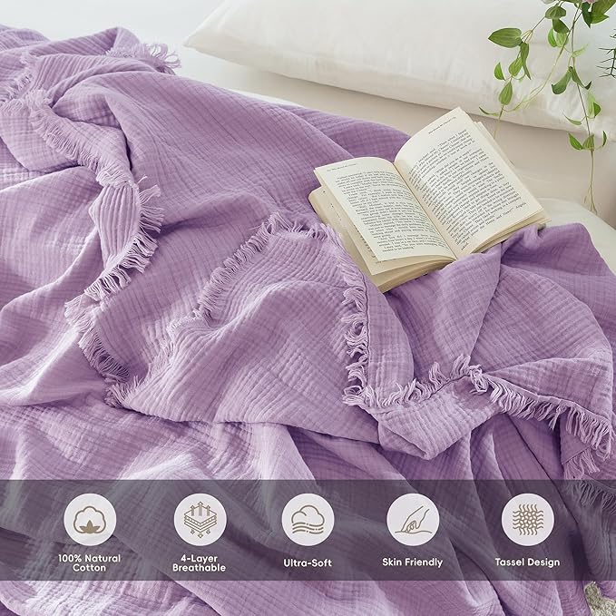 MooMee Muslin Blanket - 100% Cotton 4-Layer Gauze Throw Blanket with Tassels Ultra-Soft Breathable Lightweight Cooling for Bed Couch (Light Purple,Super King 108" x 98")