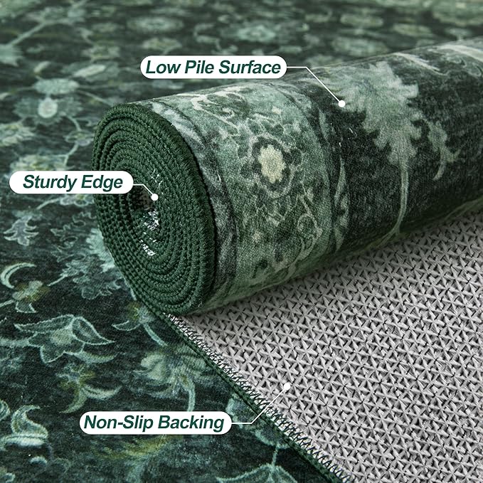 Tangsoo 2x4 Washable Entry Rug, Small Green Area Throw Rugs for Entryway Non Slip, Distressed Vintage Floral Thin Rug for Kitchen Bedroom, Low Pile Floor Carpet Front Door Mat for Entrance Foyer Decor