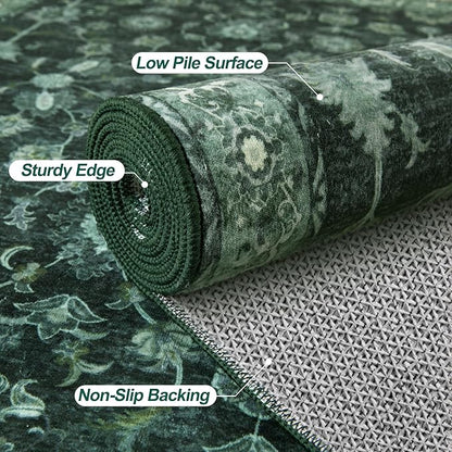 Tangsoo Green Washable Entry Rug, 2x3 Small Area Throw Rugs for Entryway Non Slip, Distressed Vintage Floral Thin Rug for Kitchen Bedroom, Low Pile Floor Carpet Front Door Mat for Entrance Foyer Decor