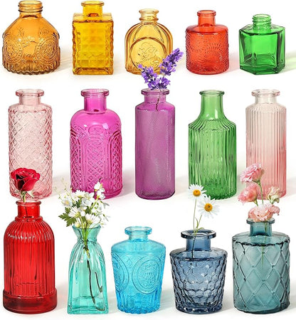 Set of 15 Colorful Glass Bud Vases - Small Textured Flower Vases for Centerpieces, Wedding Table Decor, Retro Home Decor Bulk Vase Set for DIY, Events & Gifts