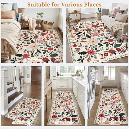 Tangsoo Runner Rug for Hallways Kitchen Rug, Non Slip 2x6 Washable Boho Floral Rug Runner for Entryway, Low Pile Carpet Door Mat Indoor Entrance for Kids Room Bedroom Laundry Office(White/Beige)