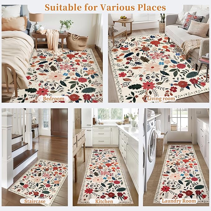 Tangsoo 5x7 Area Rug for Living Room Bedroom, Non Slip Machine Washable Boho Floral Rug, Low Pile Large Floor Carpet Indoor Mats for Kids Room, Farmhouse, Dining Room, Office(Beige/White)