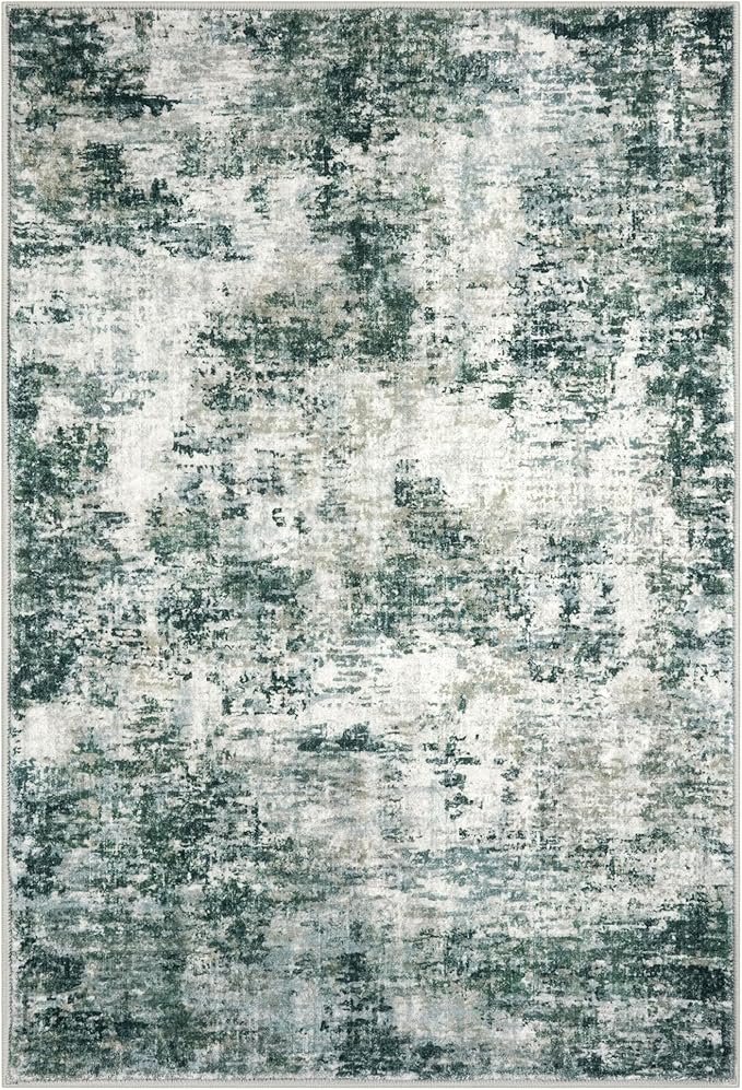 Modern Abstract Small Area Rug Indoor, Grey Green 3x5 Washable Rug Non-Slip Soft Entryway Rug Kitchen Mats Thin Print Faux Wool Floor Carpet Colorful Throw Rugs for Entrance Bedroom