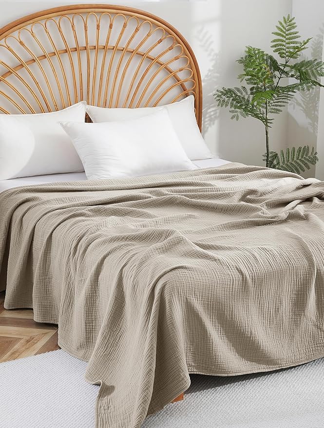 100% Cotton Muslin King Blanket (108" x 90") – A Luxuriously Soft, 4-Layer Lightweight and Breathable Gauze Blanket, Perfect for Year-Round use on beds, couches (Khaki, King)