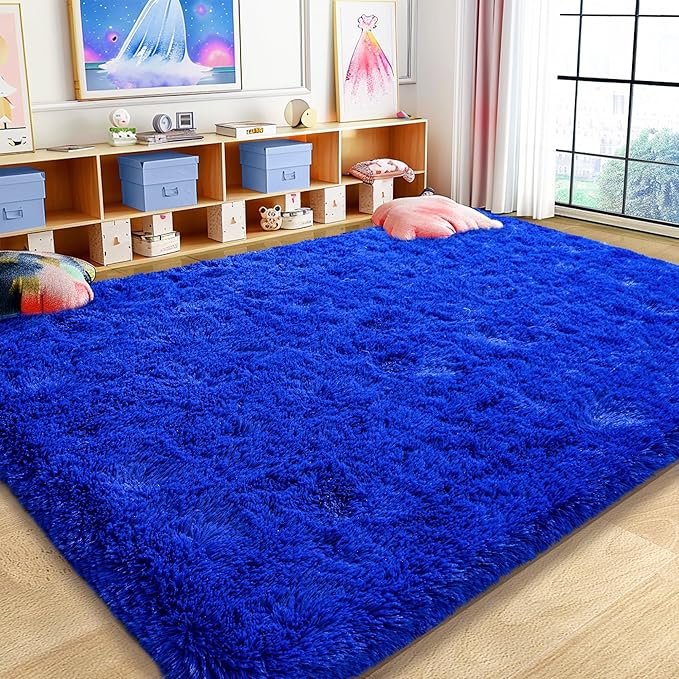 Super Fluffy Rug for Bedroom, 4x6 Shag Fuzzy Area Rug for Living Room Bedroom, Plush Soft Carpet for Girls Boys Kids, Non Slip Throw Rugs for Dorm, Modern Home Decor Aesthetic, Royal Blue