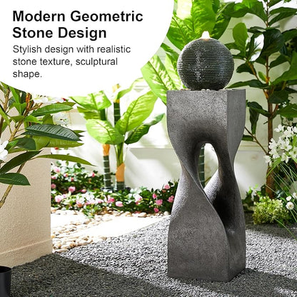 Glitzhome Modern Geometric Outdoor Water Fountain with LED Light, Oversized Pedestal Water Fountains with Submersible Pump, Sphere Floor Standing Fountain with Pebbles for Garden Patio Decor, 40.5”H