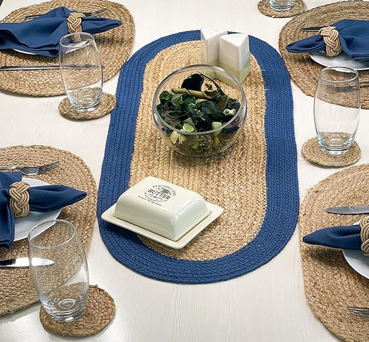 CHARDIN HOME Verona Oval Woven Jute & Cotton Braided Table Runner, Size -13 x 36 Inches, Color - Natural Jute with Navy Blue Border