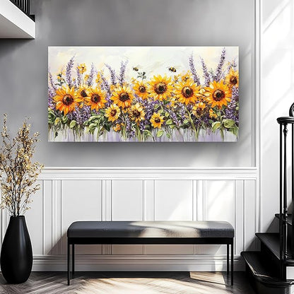 Abstract Sunflower and Lavender Picture Print Canvas Wall Art Living Room Dining Room Office Study Bedroom Wall Decor Wall Art Prints Modern Style Artwork Waterproof Ready to Hang - 20x40 Inch