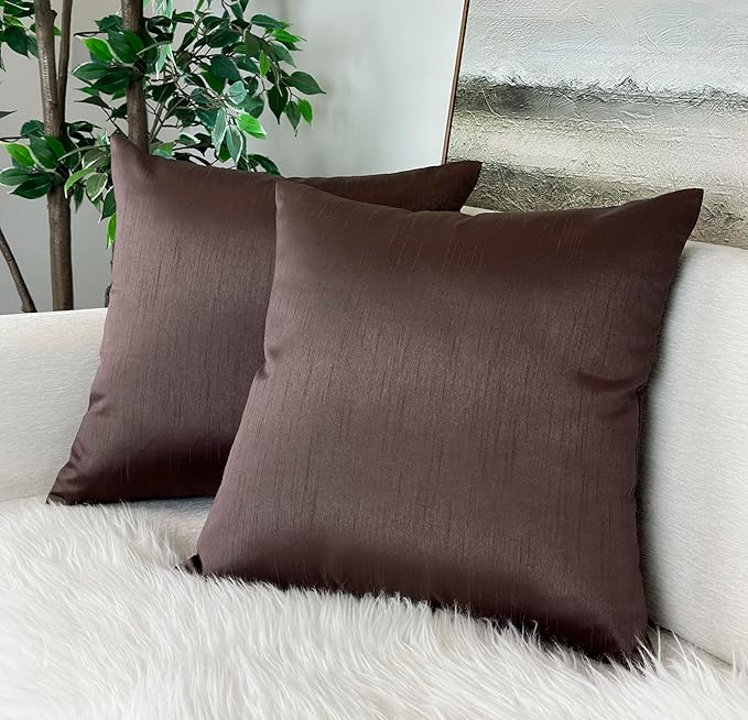 Aiking Home 18x18 Inches Faux Silk Square Throw Pillow Cover, Zipper Closure, Brown (Set of 2)