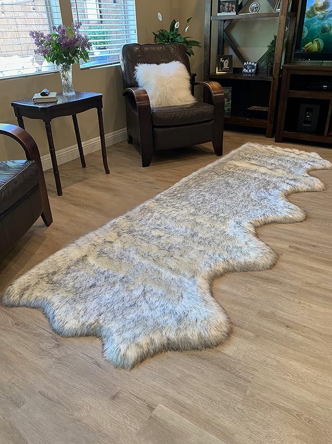 LAMBZY Faux Sheepskin Super Soft Hypoallergenic Silky Shag Rug for Living Room, Kids Room, Sofa (5 Pelts Side by Side 3'x10', White/Black Tips)
