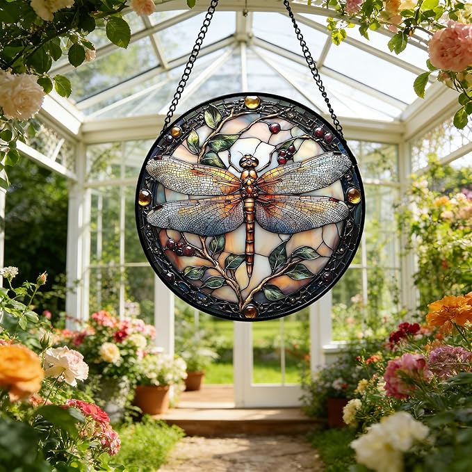 DASTOLL Stained Glass Window Hanging - Dragonfly Plant Suncatcher Ready to Hang Window Doors Home Decoration, Christmas, Mother's Day Birthday Gifts for Women, Men, and Mom 14.9x14.9 in