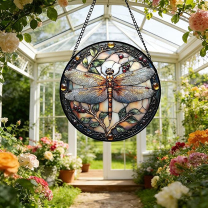 DASTOLL Stained Glass Window Hanging - Dragonfly Plant Suncatcher Ready to Hang Window Doors Home Decoration, Christmas, Mother's Day Birthday Gifts for Women, Men, and Mom 14.9x14.9 in