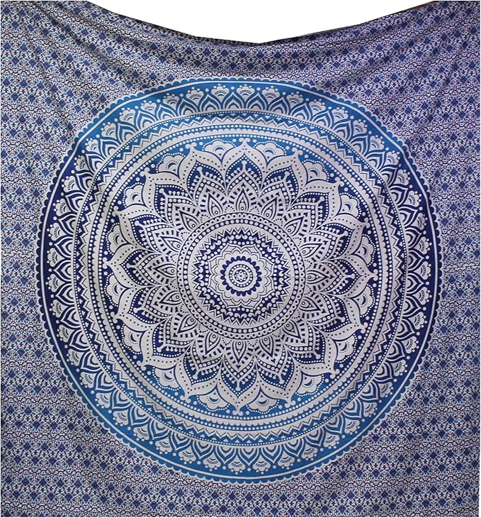 raajsee Large Blue Ombre Mandala Tapestry Wall Hanging,Indian Cotton Beach Throw Blanket Hippie Bohemian Elephant Queen Boho Décor,Meditation Yoga Mat Rugs,82x92 inches